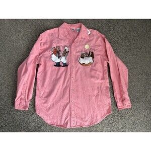 Vintage Disney Lady & the Tramp Embroidered Pink Button Up Shirt Size M Tony Joe